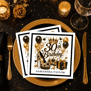 Serviette En Papier Fête d'anniversaire Luxe Paillettes Or Et Noir 30