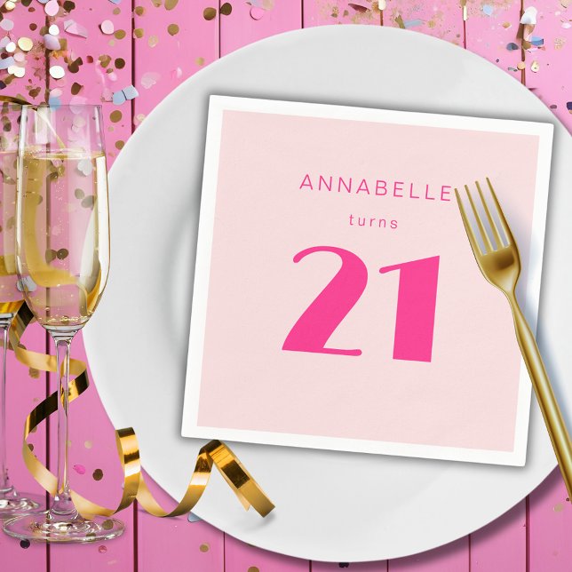 Serviette En Papier Fête d'anniversaire moderne 21e Vingt et une rose (Blush pink custom paper napkins for girls 21st birthday party celebrations.)
