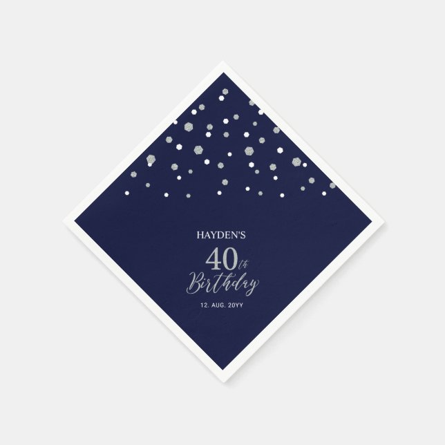 Serviette En Papier Fête d'anniversaire moderne Silver & Navy Blue 40t (Coin)