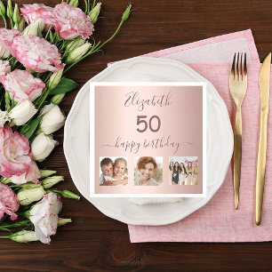 Serviette En Papier fête d'anniversaire photo personnalisée rose or ro