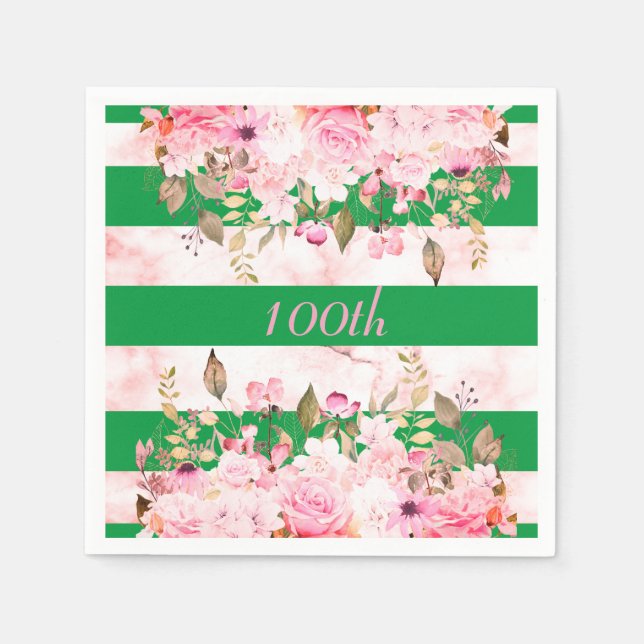 Serviette En Papier Fête d'anniversaire Vert rose rayure florale (Devant)