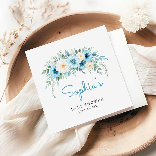 Serviette En Papier Fête de Baby Shower aux Fleurs Bleu Poussiéreux (Créateur téléchargé)