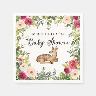 Serviette En Papier Fête de baby shower de cerfs à fleurs d'aquarelle