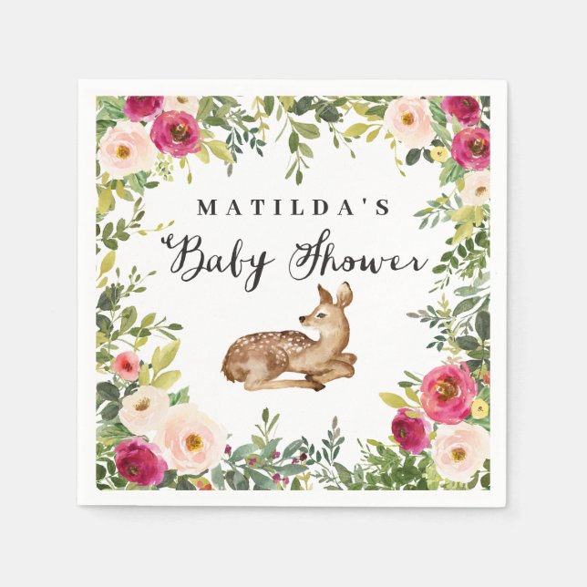 Serviette En Papier Fête de baby shower de cerfs à fleurs d'aquarelle (Devant)