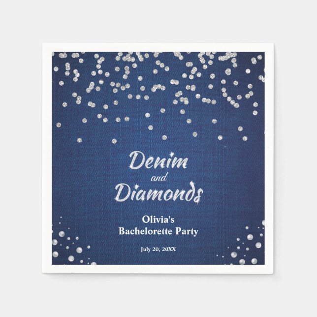 Serviette En Papier Fête de Bachelorette en Denim Bleu Élégant et Diam (Devant)
