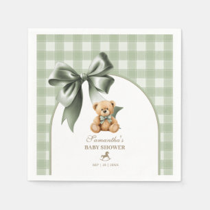 Serviette En Papier Fête de bébé à carreaux vert sauge avec ours en pe