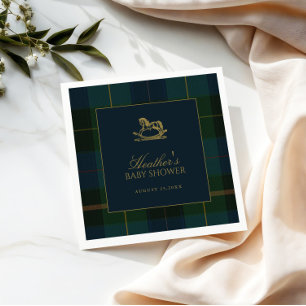 Serviette En Papier Fête de bébé classique à carreaux vert foncé et bl