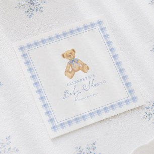 Serviette En Papier Fête de bébé Ourson en Vichy Bleu Vintage