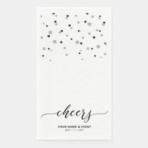 Serviette En Papier Fête de confettis de script élégant noir argenté