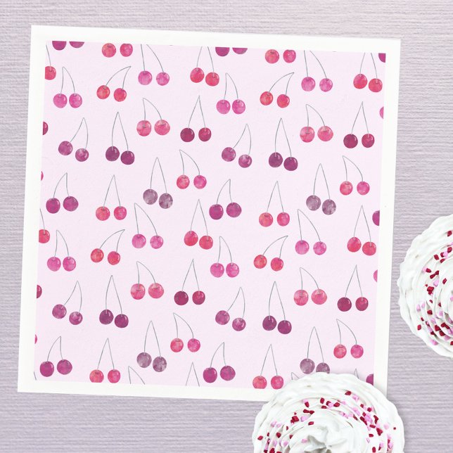 Serviette En Papier Fête de couleur rose cerise (Pretty pink watercolor cherry pattern party paper napkin)