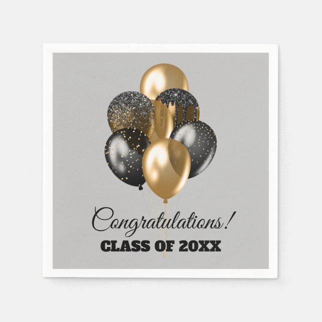 Serviette En Papier Fête de graduation Black and Gold Balloons Grey (Devant)