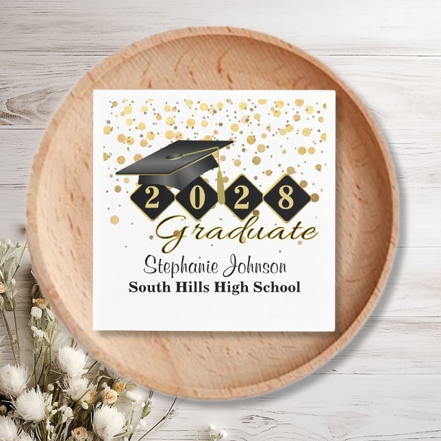 Serviette En Papier Fête de graduation personnalisée Noir & Or (Personalized Graduation Party Black & Gold Napkins)