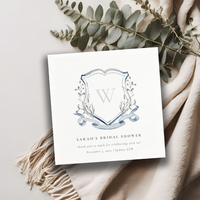 Serviette En Papier Fête de mariage avec blason aquarelle fleur bleue  (Créateur téléchargé)