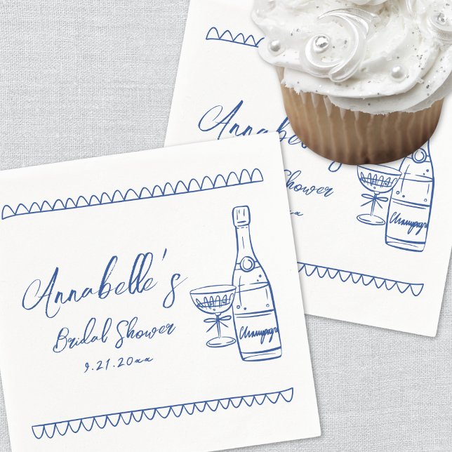 Serviette En Papier Fête de mariage bleu fantaisiste dessinée à la mai (Hand Drawn Whimsical Blue Bridal Shower Napkins)