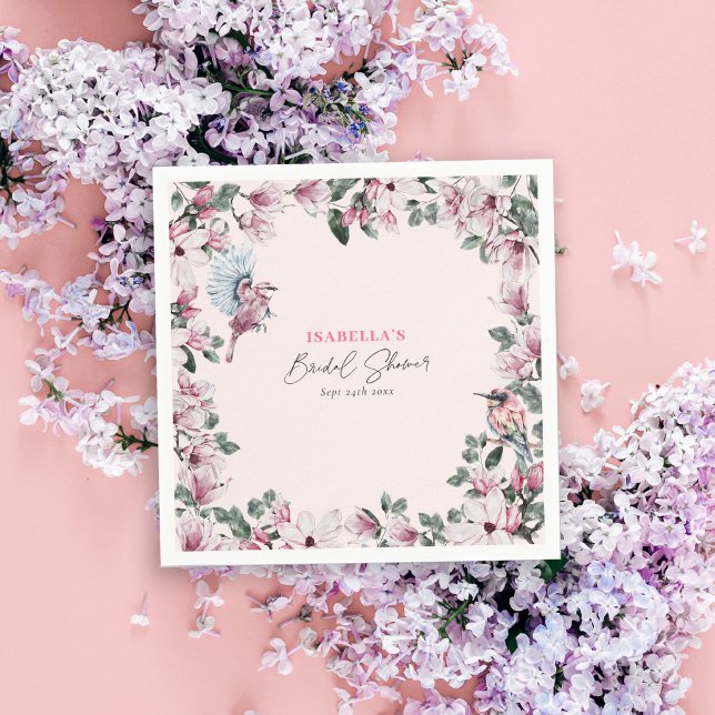 Serviette En Papier Fête de mariage chic Fleurs et Oiseaux Roses (Créateur téléchargé)