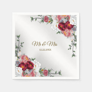 Serviette En Papier Fête de mariage Colorful Rouge Blanc Floral Argent