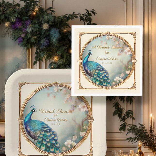 Serviette En Papier Fête de mariage élégante au paon Art Déco (Créateur téléchargé)