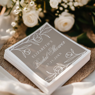 Serviette En Papier Fête de mariage floral esquissé taupe