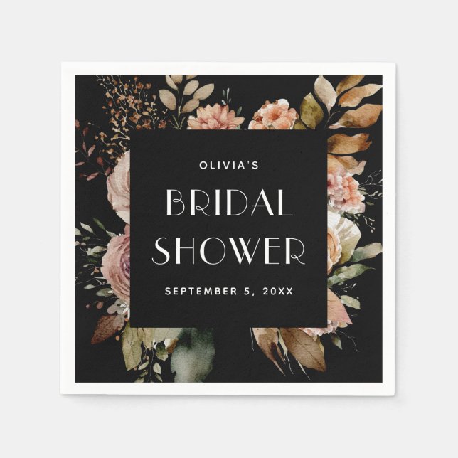 Serviette En Papier Fête de mariage floral noir | Élégant Bohème Chic (Devant)