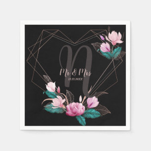 Serviette En Papier Fête de mariage rose Floral Cadre géométrique Noir