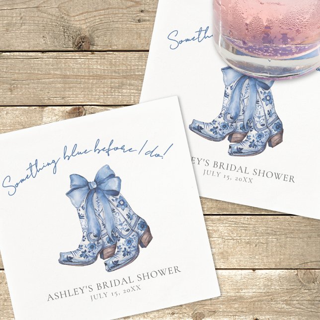 Serviette En Papier Fête de Mariée Cow-boy au Ruban Bleu de Campagne (Country Blue Bow Cowboy Bridal Shower Napkins)