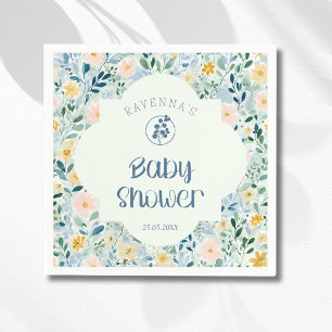 Serviette En Papier Fête de naissance bébé fleurs bleu poussiéreux vin