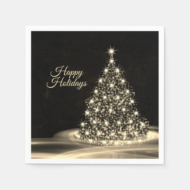 Serviette En Papier Fête de Noël Arbre brillant doré hiver noir (Devant)