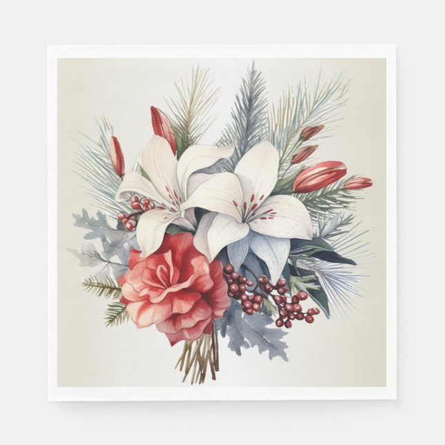 Serviette En Papier Fête de Noël Blanc Fleurs rouges Vacances Élégante (Devant)
