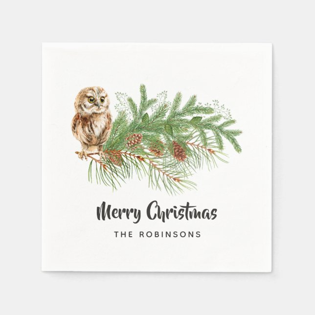 Serviette En Papier Fête de Noël du hibou de l'aquarelle (Devant)
