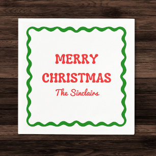 Serviette En Papier Fête de Noël moderne Wavy Border Rouge & Vert