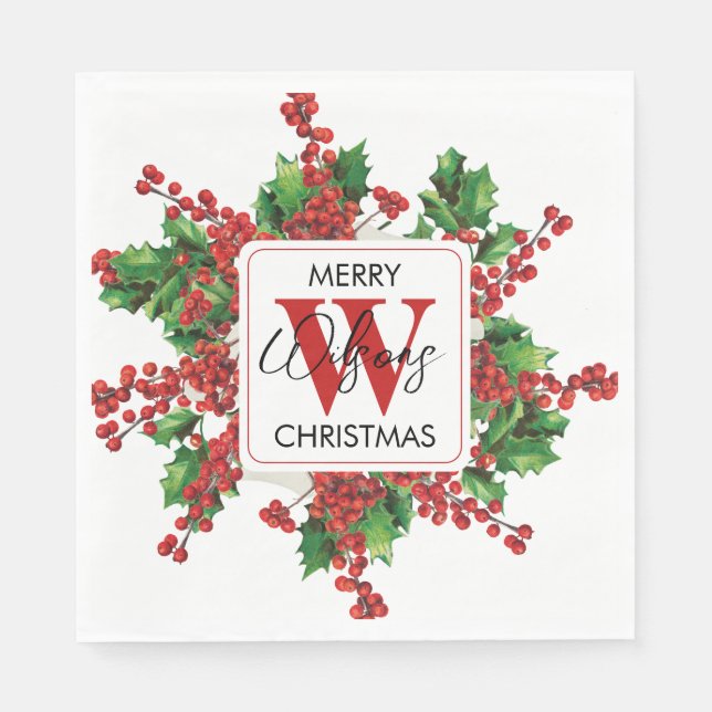 Serviette En Papier Fête de Noël Monogramme Red & Green Festive (Devant)