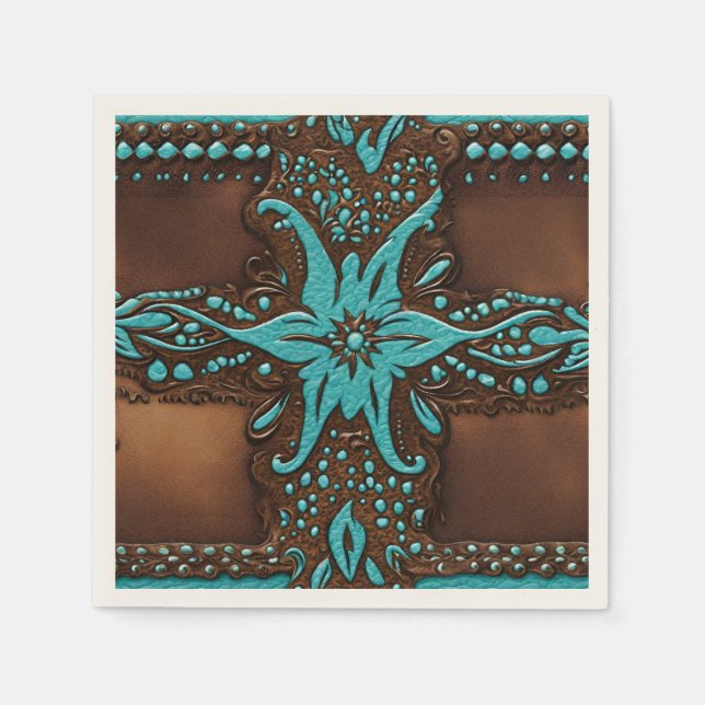 Serviette En Papier Fête de style western Country Brun Turquoise Cowbo (Devant)