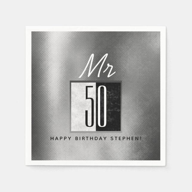 Serviette En Papier Fête des 50 ans noir et argent (Devant)