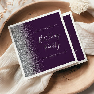 Serviette En Papier Fête des 70 ans Glitter Argent Violet