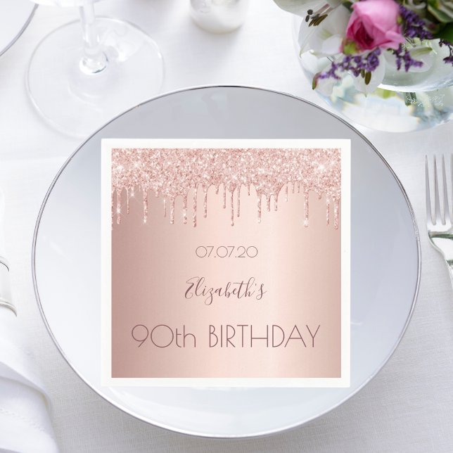 Serviette En Papier fête des 90 ans rose gold paillettes 90 ans (Créateur téléchargé)