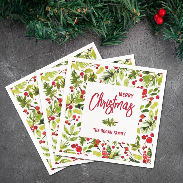 Serviette En Papier Fête des baies de Noël (Personalized Merry Christmas napkins with greenery and berries)