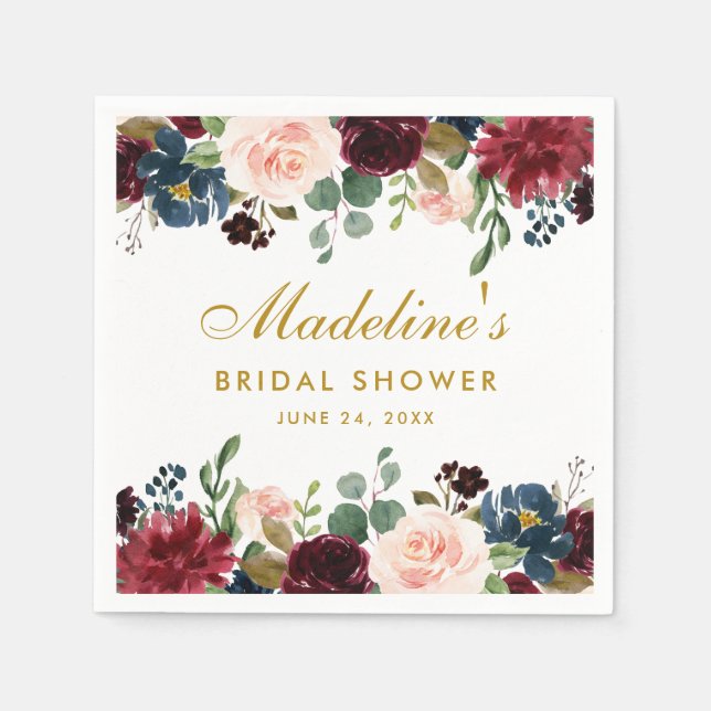 Serviette En Papier Fête des mariées Aquarelle Floral Bourgogne Bleu O (Devant)