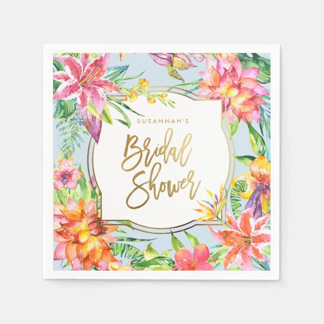 Serviette En Papier Fête des mariées | Aquarelles tropicales d'été Or (Devant)