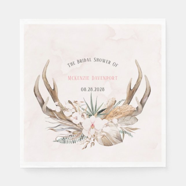 Serviette En Papier Fête des mariées Boho Deer Antlers et Florals (Devant)
