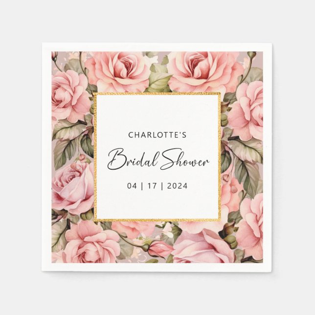 Serviette En Papier Fête des mariées d'aquarelle florale Rose (Devant)