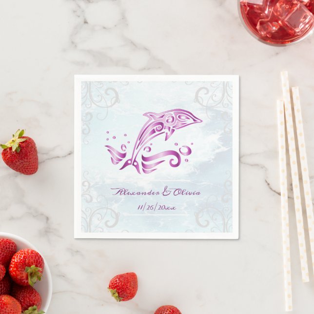 Serviette En Papier Fête des mariées dauphin magenta Napkin (En situation)