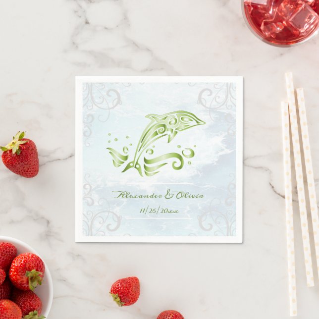 Serviette En Papier Fête des mariées Dauphin Vert Napkin (En situation)