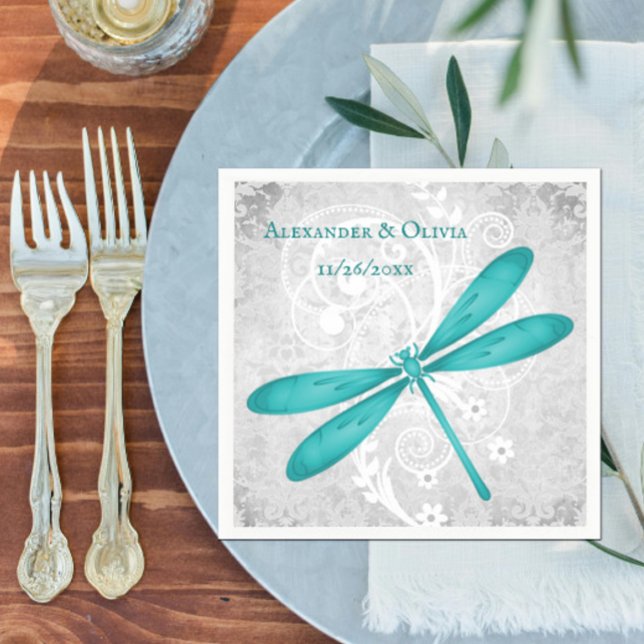 Serviette En Papier Fête des mariées de libellule turquoise Napkin (Teal Dragonfly Bridal Shower Napkin)