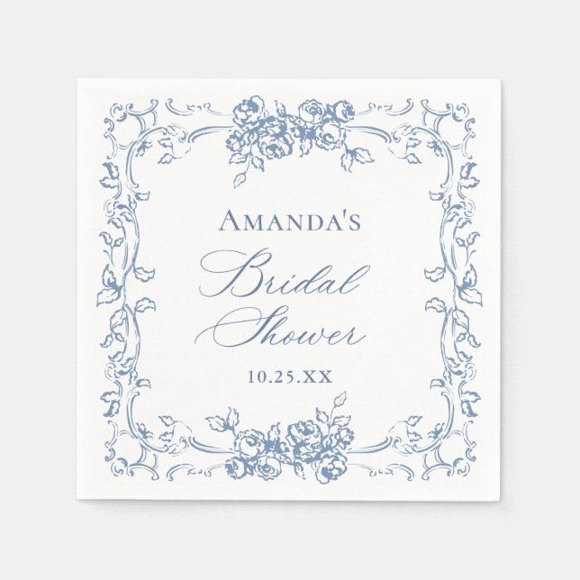 Serviette En Papier Fête des mariées Florale Bleu Dusty (Devant)