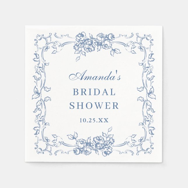 Serviette En Papier Fête des mariées Florale Bleu Dusty (Devant)