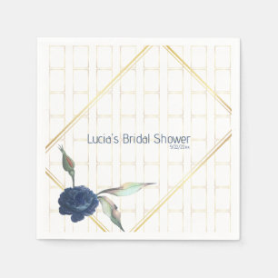 Serviette En Papier Fête des mariées florale bleu marine à cadre doré 