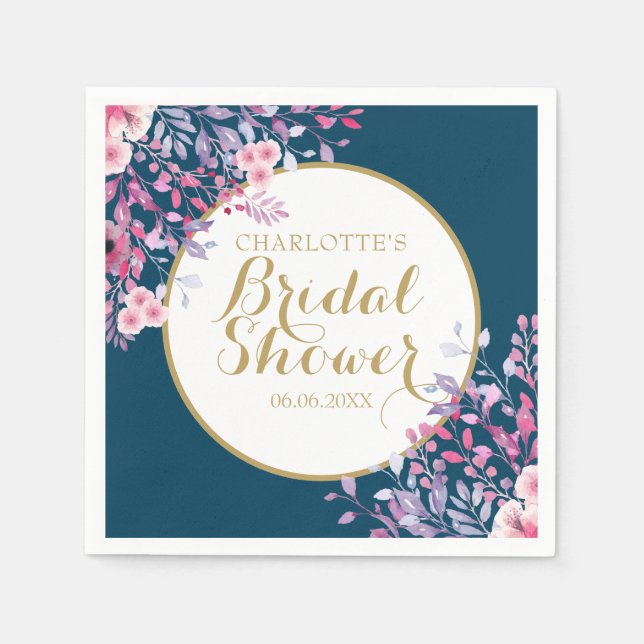 Serviette En Papier Fête des mariées florale de prés roses Gold Script (Devant)