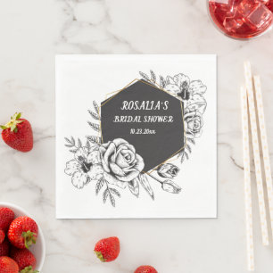 Serviette En Papier Fête des mariées Florale Noire Et Blanc