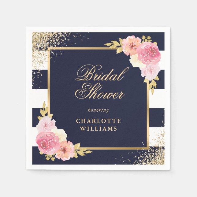 Serviette En Papier Fête des mariées florale rose bleu marine (Devant)