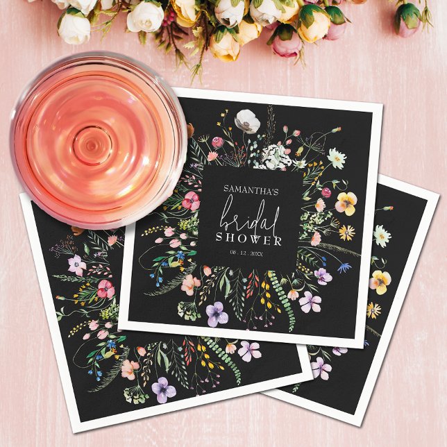 Serviette En Papier Fête des mariées Moody fleur sauvage (Wildflowers bridal shower black napkins)